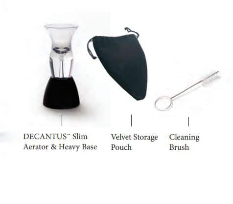 Decantus™ Slim Wine Aerator Set, 4-Piece Set Decantus Slim, Decantus Slim Aerator, Base, Velvet Storage Pouch and Cleaning Brush